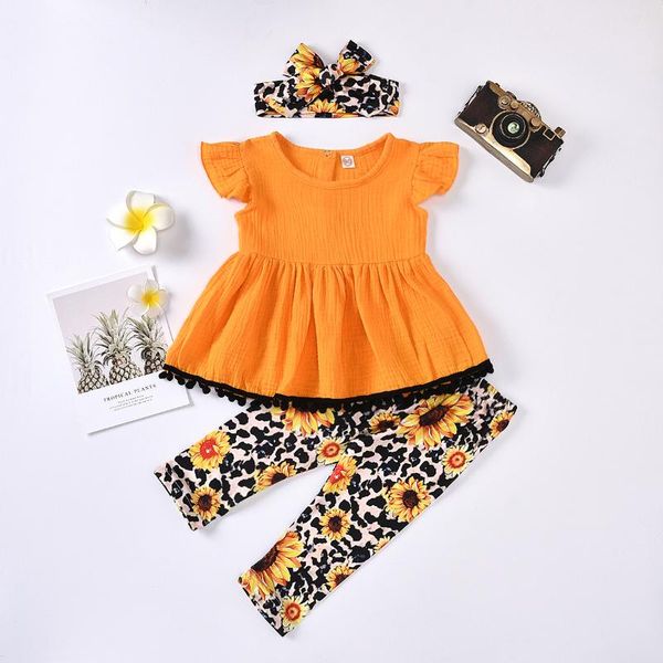 

kids baby girl clothes set short sleeve solid color pants flower headband summer infant clothing 1-5y, White