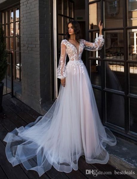 

romantic sheer lace bohemian wedding dresses with long sleeves deep v neck ruched tulle sweep train custom boho beach bridal gowns, White