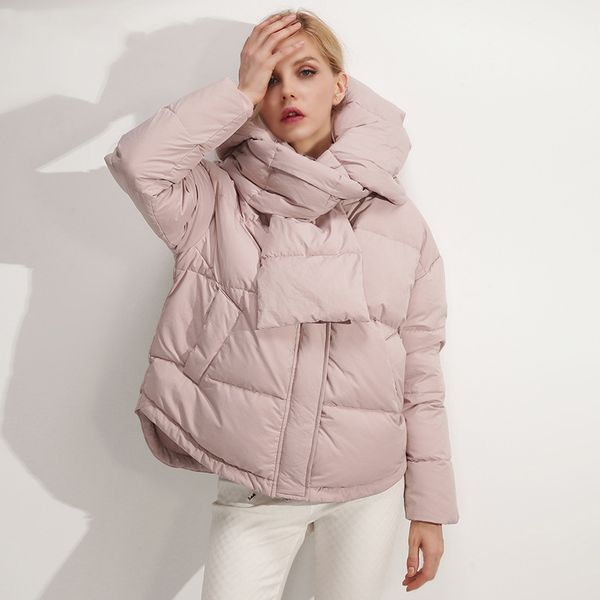 

short women's winter white duck down coat cotton padded jacket stylish hooded collar bib design outwear coat, Black