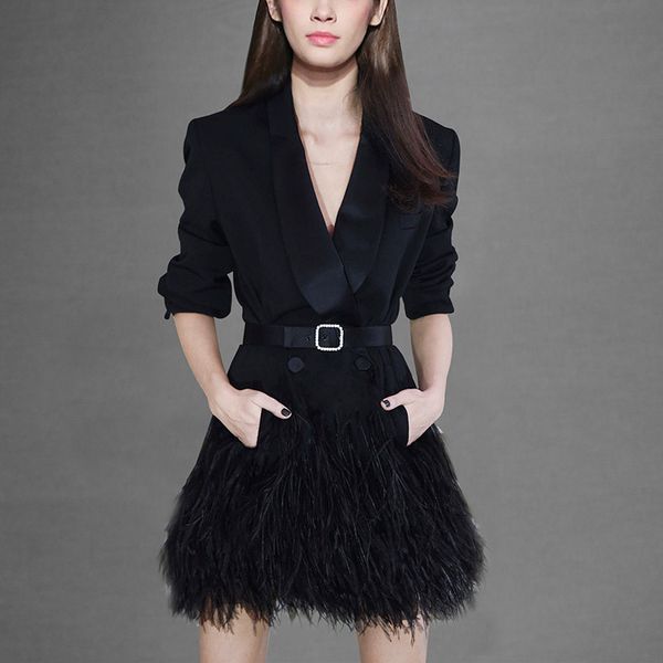 

elegant notched collar long blazer women solid black full sleeve coat dress vacation 2019 spring feather tassel jacket suits, White;black