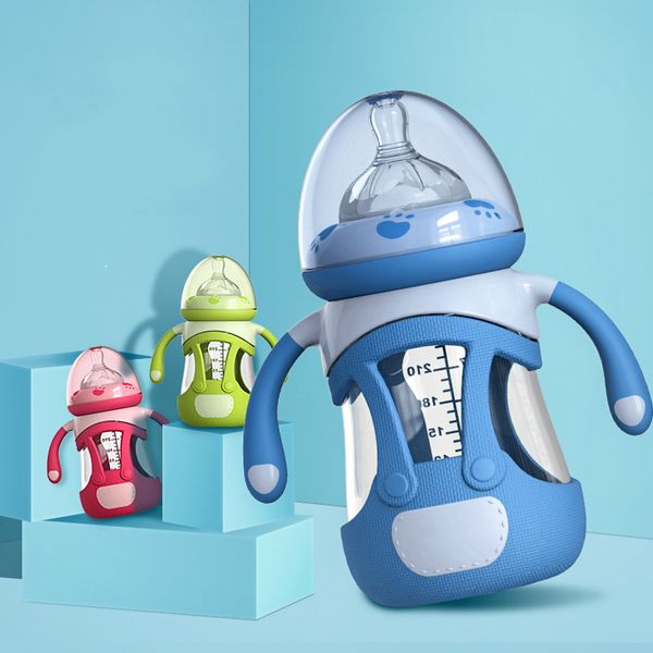 

2020 new baby feeding bottle glass bottle silicone protection 240ml 5cm mouth soft health handle newborn gift