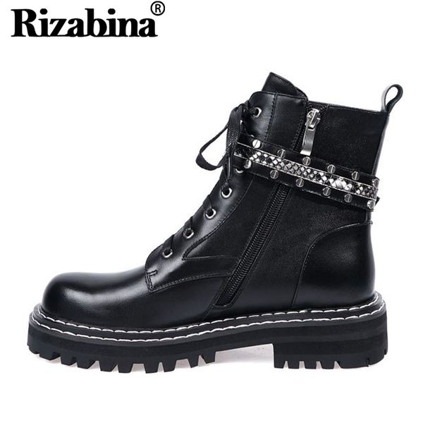 

rizabina women ankle boots genuine leather winter flats shoes women metal chain buckle lace up zipper gothic boots size 34-42, Black