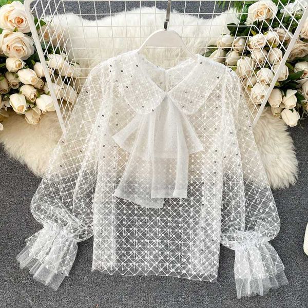 

spring 2020 new hollow lace shirt korean doll collar bow bubble sleeve shirt white summer sun protection clothing