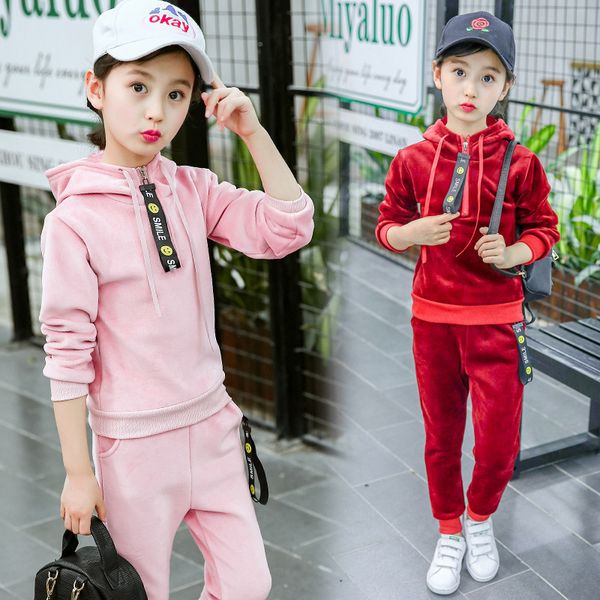 

sports girls clothes set gold velvet girls suit hoodies+pants 2 pcs spring children's set teen girls clothes suit 4 6 8 12 years t20011, White