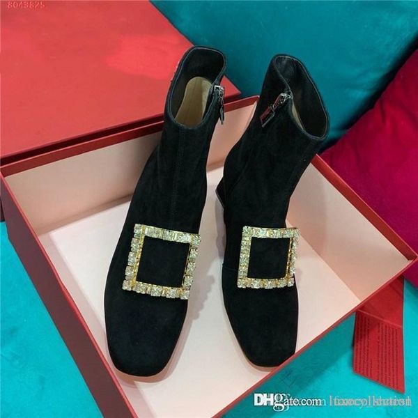 

square buckle boots with thick heels and high heels,latest ankle boot in patent leather high heel pumps with box size 34-40, Black