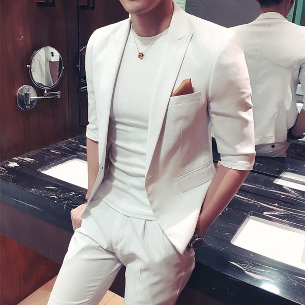 

2017 new arrive wool tailor slim fit mens wedding suits retro gentleman style custom made short sleeve men suit (jacket+shorts, White;black