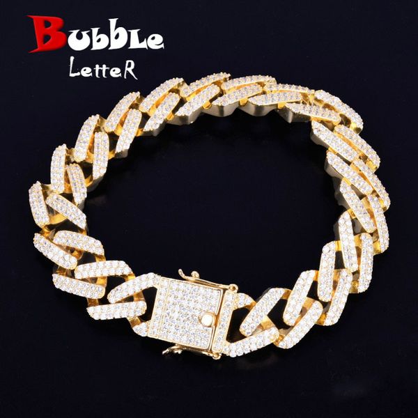 

14mm square miami cuban link bracelet gold silver color iced out cubic zirconia rock hip hop style men's jewelry, Golden;silver