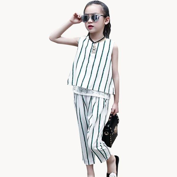 

teenage clothes striped vest + pants 2pcs suit for girls lace patchwork kids clothes fashion summer girl 6 8 10 12 14, White