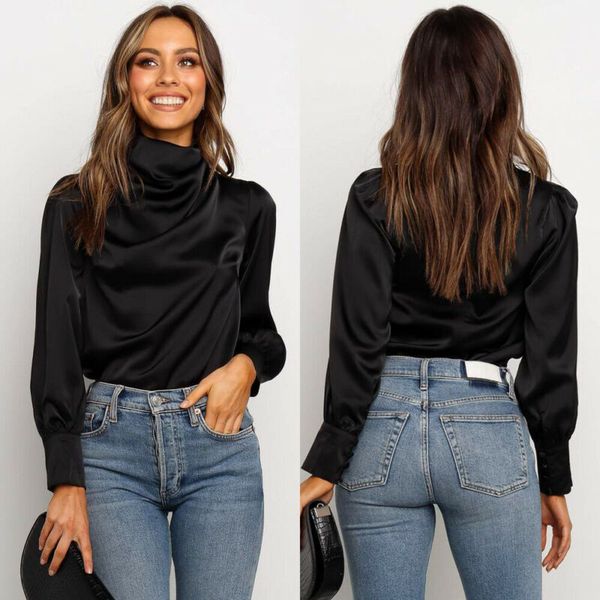 

fashion women lantern sleeve high collar shirt ladies black blouse, Black;red