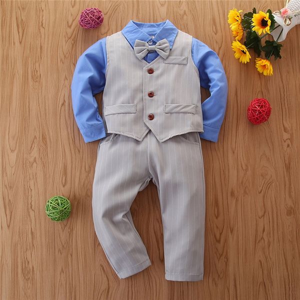 

boutique kids clothing bow tie+solid shirt+ stripe pants overalls gentleman suit kids clothes boys cotton full sleeve ropa niña, White