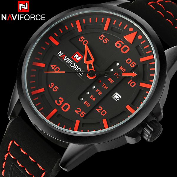 

naviforce fashion sports men quartz watches leather strap watches man red dials 30m waterproof relogio masculino, Slivery;brown