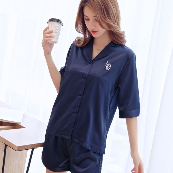 

new faux silk drop shipping loose solid satin babydoll lace lingerie summer women sleepwear pajamas suit sleep set  l xl, Blue;gray