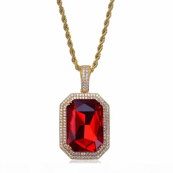 

hip hop gold color iced out micro pave cz stone red stone pendant necklace 60cm rope chain, Silver