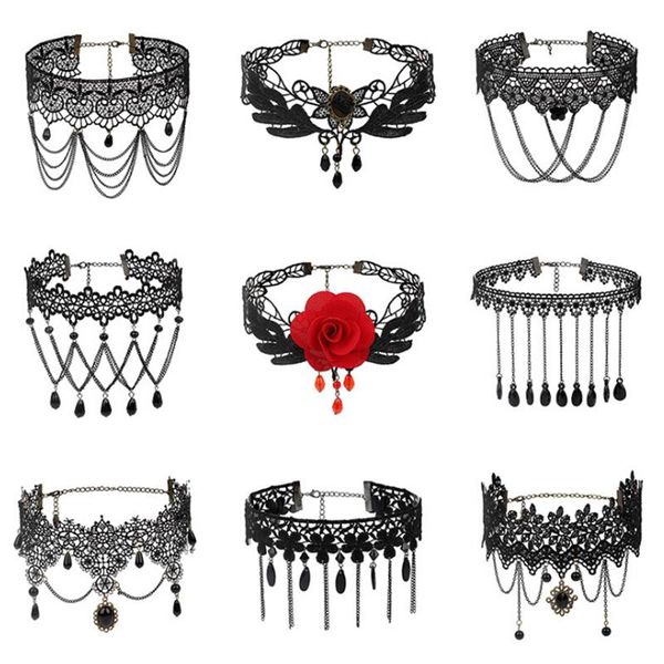 

gothic punk style gem decoration women black lace beads choker collar necklace chocker jewelry 10 styles, Golden;silver