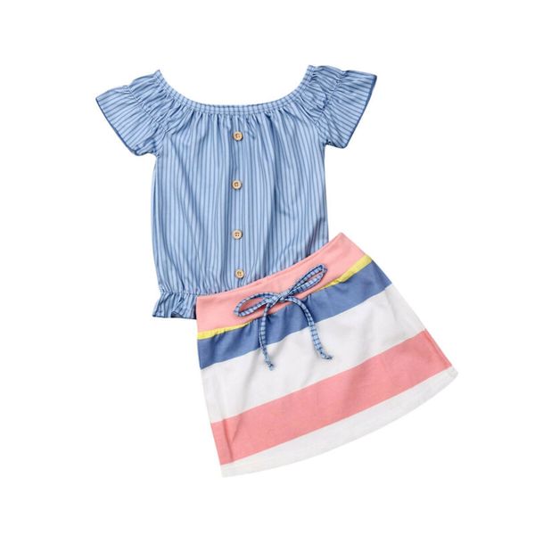 

toddler kids baby girl striped button t-shirt a-line skirt 2pcs outfit princess girls clothing set 2-7y, White