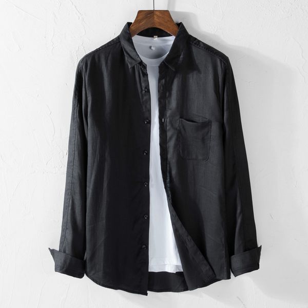 

black pure linen men shirt brand autumn and spring flax shirts for men long sleeve fashion shirt mens casual solid shirts male, White;black