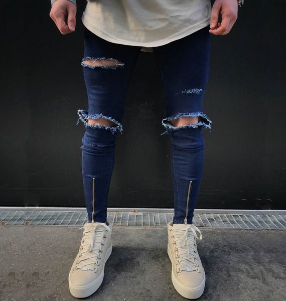 

2017 knee hole ripped men's skinny jeans hip hop bottom zipper stretch denim punk rap pants biker motorcycle men jeans, Blue