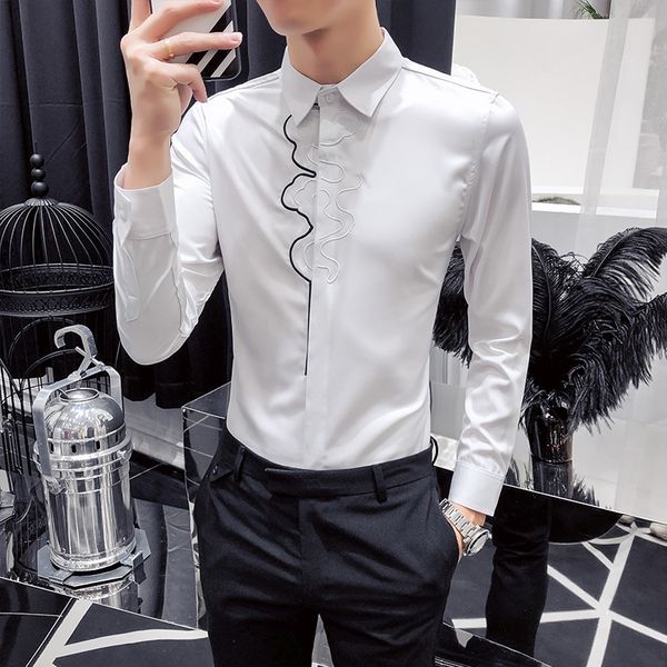 

embroidery shirts men casual slim fit camisa social camiseta masculina business dress shirts designer tuxedo shirt men white, White;black