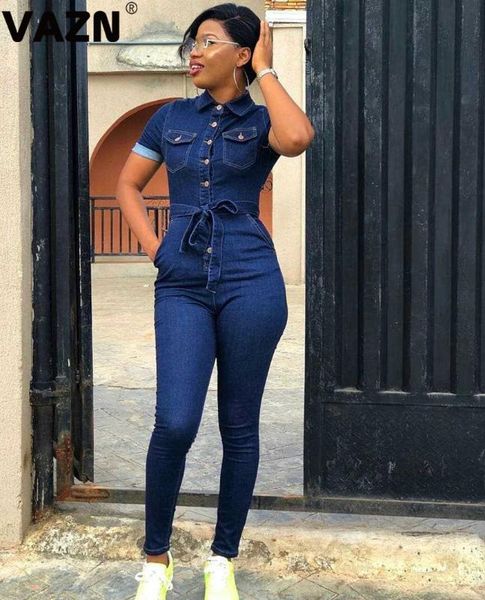 

women's jumpsuits & rompers vazn product 2021 spring lady deep blue jean jumpsuit short sleeve button sashes bow skinny, Black;white
