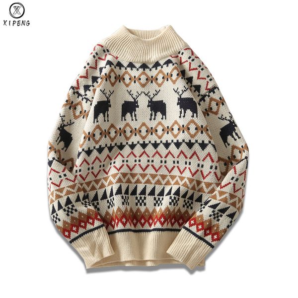 

New Christmas Men Sweater Knitwear Printed Deer Streetwear Jersey Pull Homme Half Turtleneck Vintage Sweater Man Pull, White;black