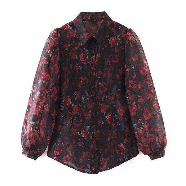 

women elegant floral print organza blouse shirt lantern long sleeve stylish blouses casual turn down collar chic shirt tunic, White