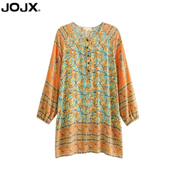 

bohemian dress V-neck vintage loose dress woman Floral print Cotton mini elegant Single-breasted Lantern sleeve dresses