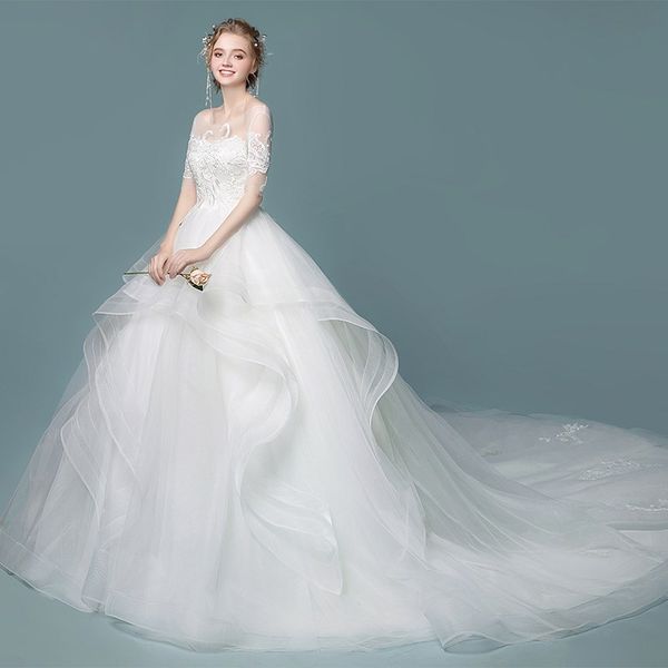 

new layer ruffle skirts backless wedding dresses illusion long sleeves appliqued ball gowns bridal wedding gowns arabic vintage dh4124, White