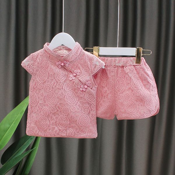 

summer 2pcs baby girl clothing set chinese hanfu tang suit newborn infant girls cheongsam lace +shorts toddler kids outfits, White
