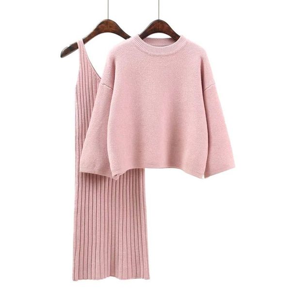

2019 autumn winter women long knitted sweater dress bag hip o-neck sweaters pullover+skirt two-piece set slim elegant knit dress, White;black