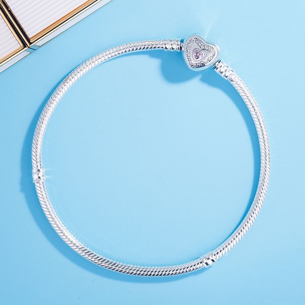 

925 sterling silver pink crystal wishful heart moments snake chain pan bracelet bangle fit women bead charm jewelry, Black