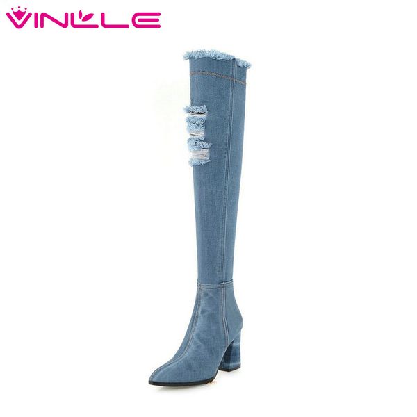 

vinlle 2019 women over the knee high boots denim fashion women shoes platform winter shoes motorcycle boots size 34-43, Black