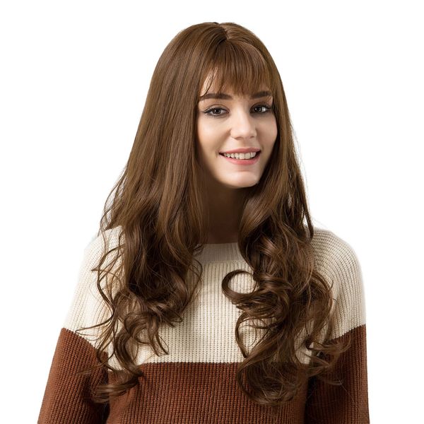 

24 inch long wavy natural hairline synthetic curly wig with neat bangs heat resistant fiber hair wigs for women natural looking, brown, Black