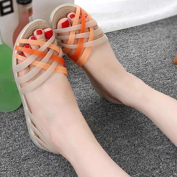 

women jelly shoes sweet cute color matching peep toe fashion woman sandals 2020 new summer comfortable beach casual ladies flats, Black
