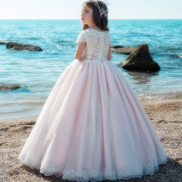 Carino abito di sfera delle ragazze di fiore Vestiti da matrimonio floreale merletto Appliqued Bambini Poco vestito della prima comunione a buon mercato Pageant Abiti