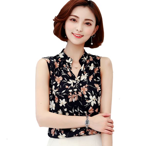 

летняя блузка женщины топы летняя рубашка женщины блузка и рубашка без рукавов блузы новый корейский моды нашивки цветка дамы шифон летом, White