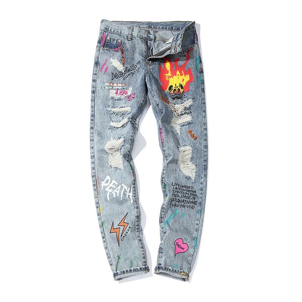 

high street graffiti print ripped hole jeans men streetwear stretch straight blue jean pants