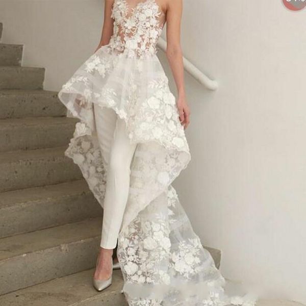 

New Sexy Bohemian White Jumpsuits wedding dresses Long Train 2019 Zuhair Murad Sweetheart Lace 3D Floral Appliques bridal wedding gown