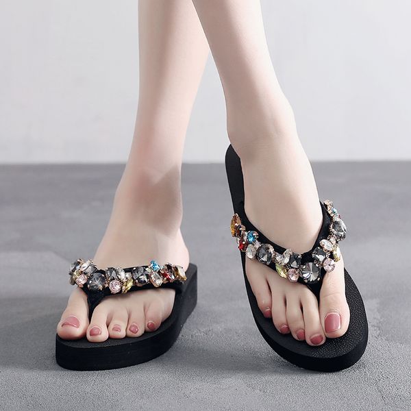 

oeak 2019 crystal round toe slippers new women slippers heeled torridity outdoor shoes beach pantoufles mujer chaussures, Black
