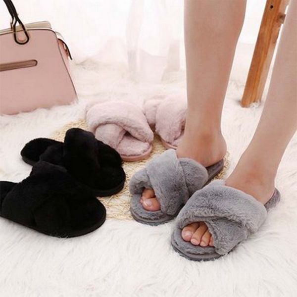 

fashion winter women home slippers with faux fur indoor warm shoes woman slip on flats female slides black size 41