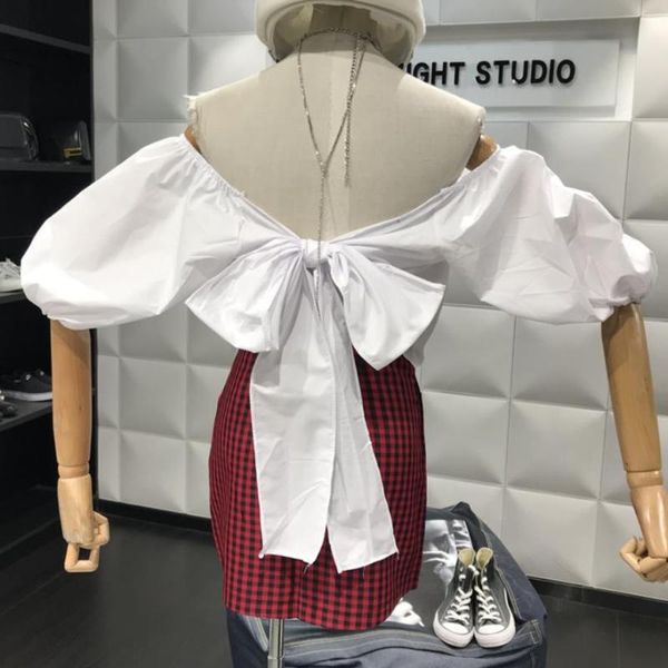 

2019 summer fashion back bow slash neck blouse women off-the-shoulder puff sleeve short shirt, White