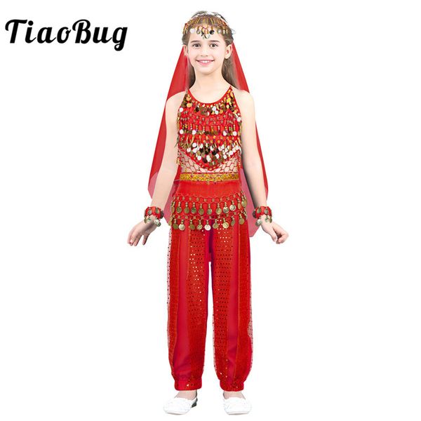 

tiaobug children girls belly dance costumes kids stage performance dance wear bollywood carnival oriental suit set, Black;red