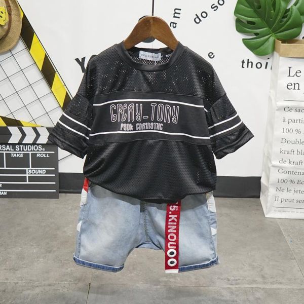 

детские наборы мальчиков летняя одежда детей одежда для мальчиков короткий рукав футболки + джинсы охладиться джинсовые шорты костюм 2-7year, White