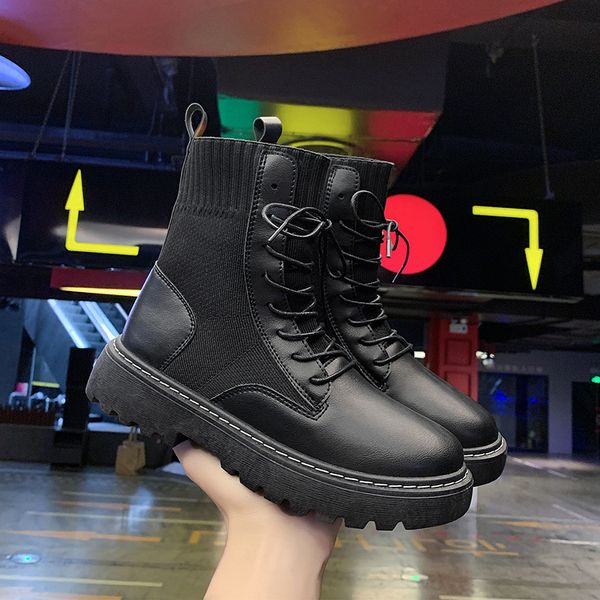 

shoes woman flat boots booties ladies boots-women luxury designer winter footwear lace up round toe low 2019 rock leather mid-ca, Black