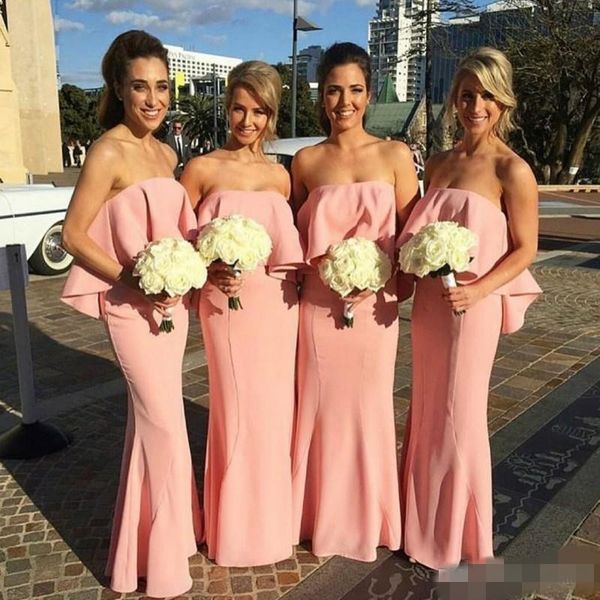 

blush pink boho mermaid bridesmaid dresses 2020 strapless ruffles floor length custom made maid of honor gown beach wedding guest wear, White;pink