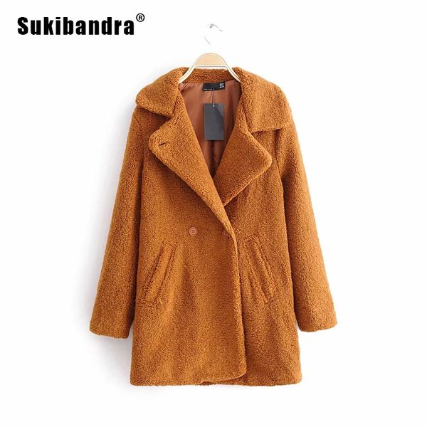 

sukibandra long faux fur shaggy furry fluffy women warm jacket womens coats winter casual turn down collar brown elegant coat, Black