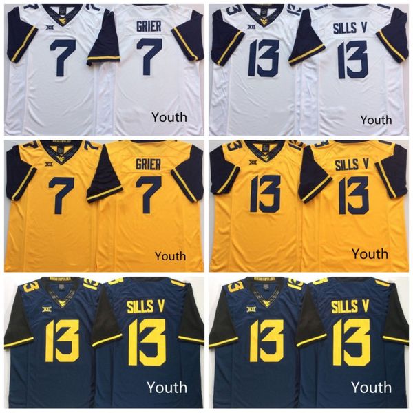 

Youth #7 Will Grier 13 David Sills V Blue Yellow White West Virginia Mountaineers Kids College Football NCAA Jerseys