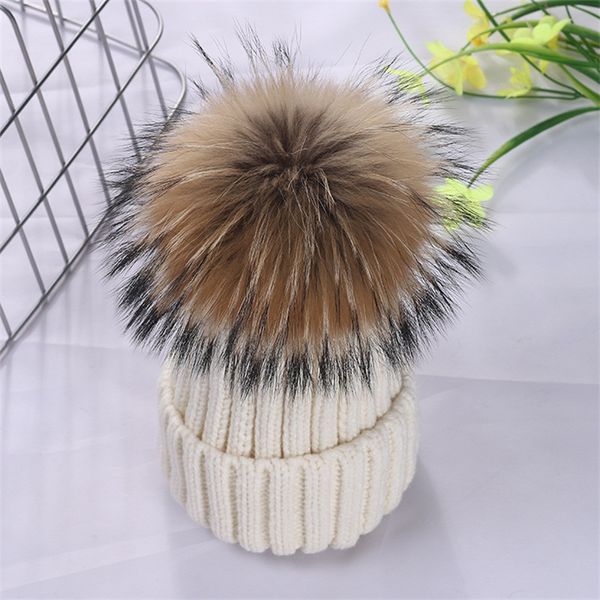 

women's hats 15cm big hairball natural fur pompom buckle knitted hat winter warm woolen beanies for women children, Blue;gray