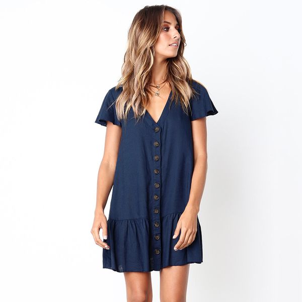 

Februaryfrost Summer New Fashion Dress Casual Simplicity V-neck Button Short-sleeved Pleated Dress Casual Short Dress