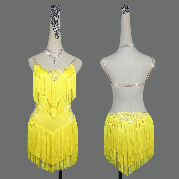

latin dance competition dresses women yellow tassels dancing performance skirt children shining rhinestone salsa dress, Black;red