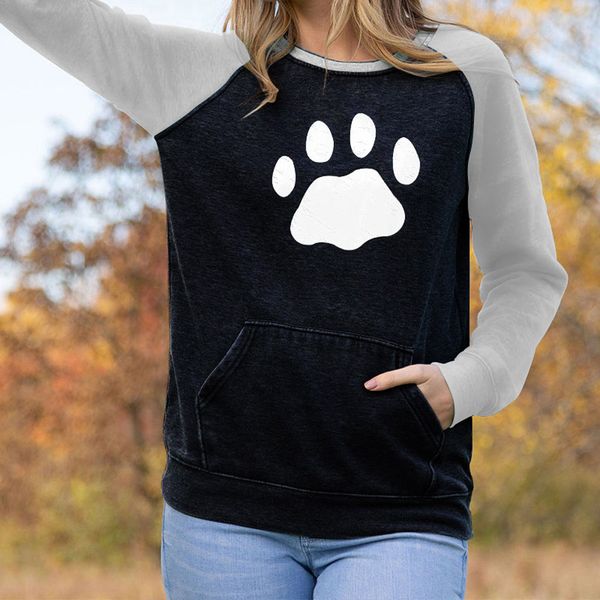 

women sweatshirt pullovers patchwork cat claw print o-neck pockets harajuku casual long sleeve jumper tracksuit moletom new, Black